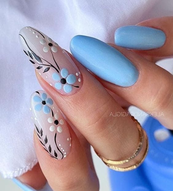 Long, Oval-Shaped, Light Blue Nails With Flowers | Nail Art, Blue Nails, Nail  Designs