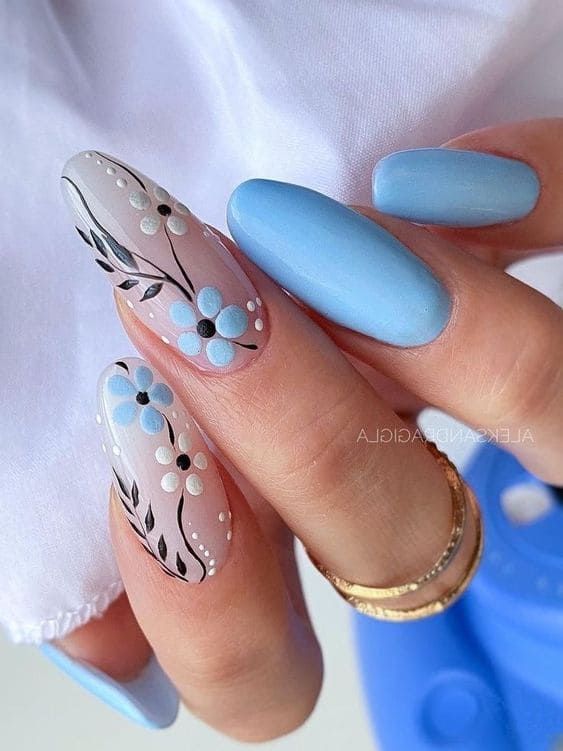 Long, Oval-Shaped, Light Blue Nails With Flowers | Nail Art, Blue Nails, Nail  Designs