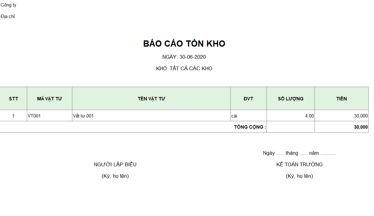 Mẫu Báo Cáo Tồn Kho