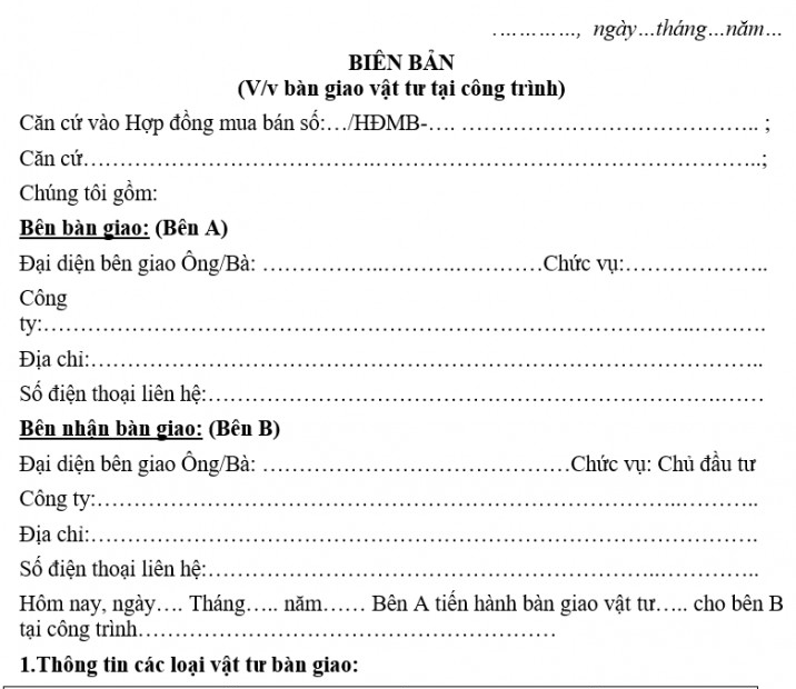 Mẫu Biên Bản Bàn Giao Vật Tư Tại Công Trình