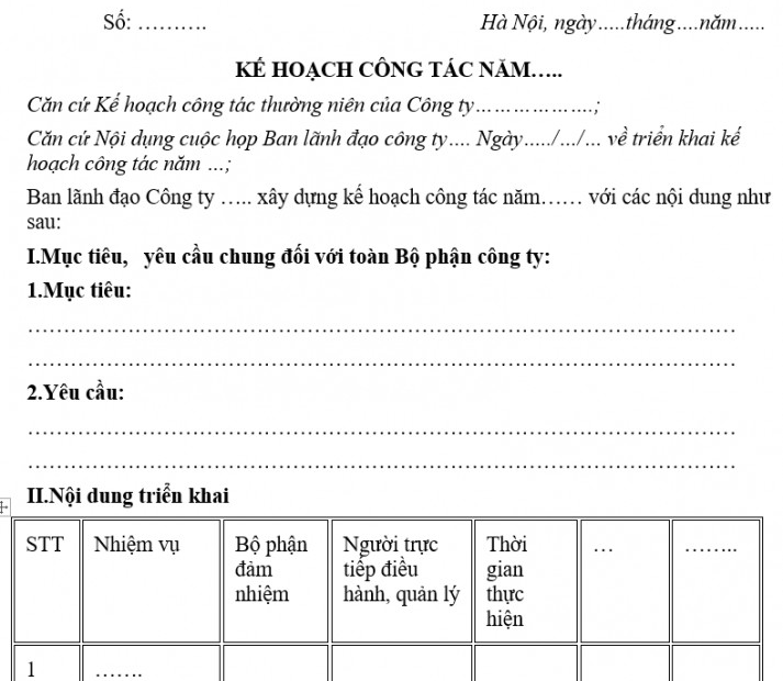 Mẫu Kế Hoạch Công Tác