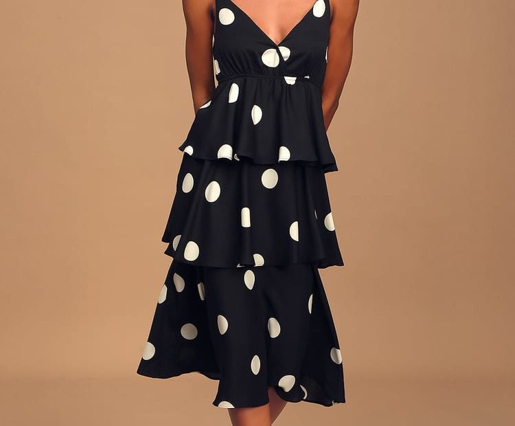 O.P.T. Cava Dress - Black Polka Dot Dress - Tiered Midi Dress - Lulus