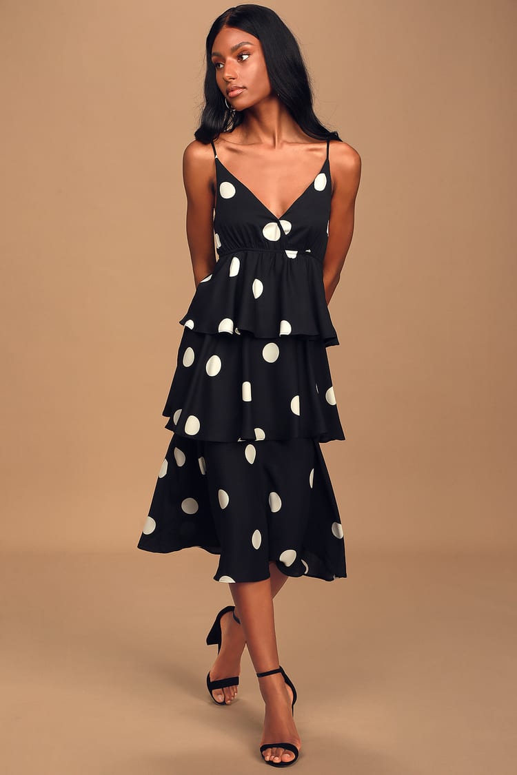 O.P.T. Cava Dress - Black Polka Dot Dress - Tiered Midi Dress - Lulus