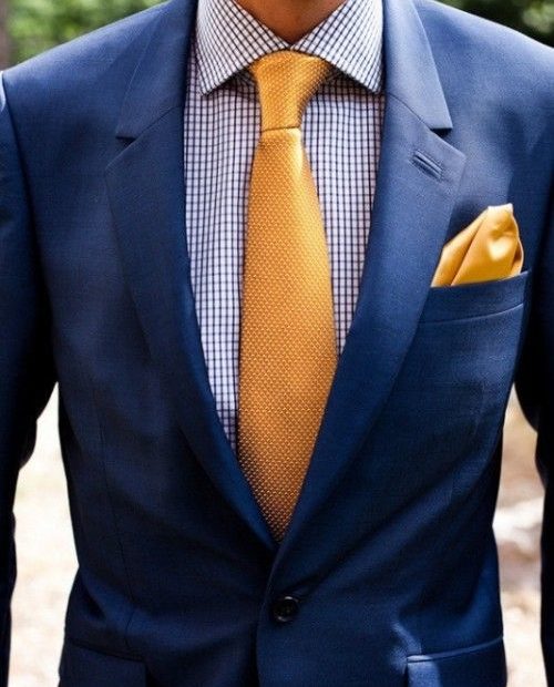 A Navy Suit, A Printed Blue Shirt And A Bright Yellow Tie And Handkerchief  For A Bold And Fun Look | Groom Blue Suit, Blue Suit, Wedding Suits Men