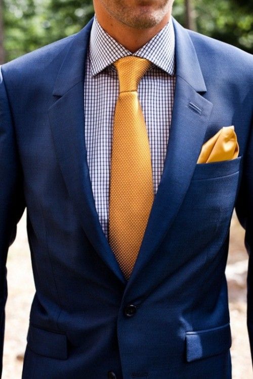 A Navy Suit, A Printed Blue Shirt And A Bright Yellow Tie And Handkerchief  For A Bold And Fun Look | Groom Blue Suit, Blue Suit, Wedding Suits Men