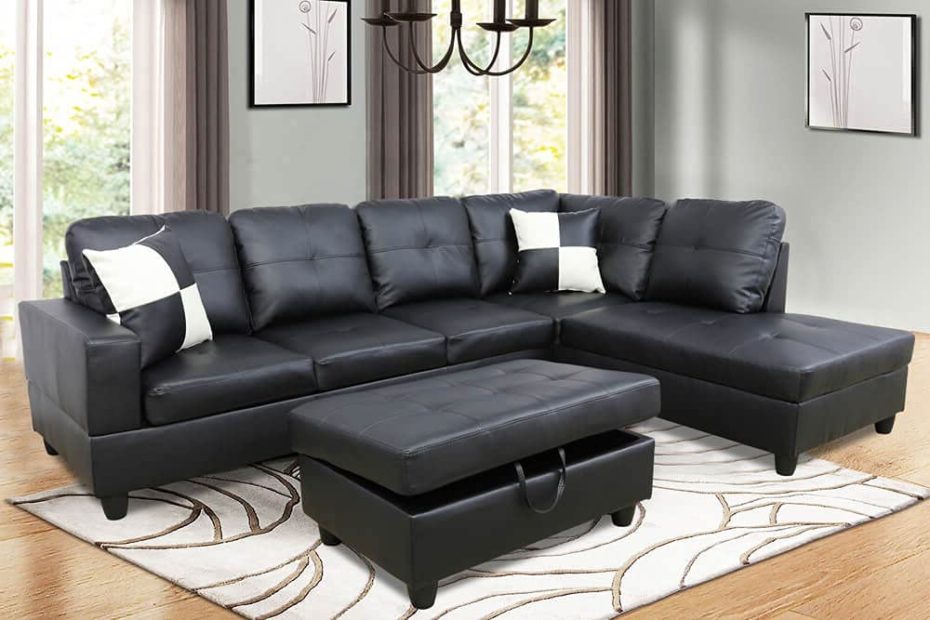 Amazon.Com: Lifestyle Furniture 3-Piece Black Contemporary Leather Living  Room Right-Facing Sectional Sofa Set : Home & Kitchen