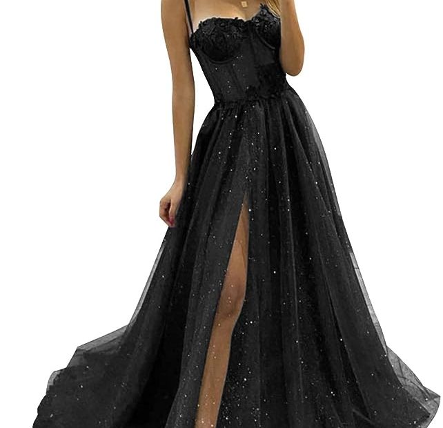 Black Tulle Prom Dresses For Women Long Ball Gown Glitter Spaghetti Straps  Flowers Evening Gowns With Slit Size 2 At Amazon Women'S Clothing Store