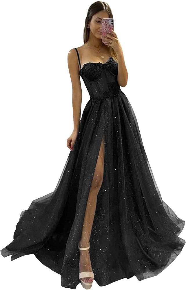 Black Tulle Prom Dresses For Women Long Ball Gown Glitter Spaghetti Straps  Flowers Evening Gowns With Slit Size 2 At Amazon Women'S Clothing Store