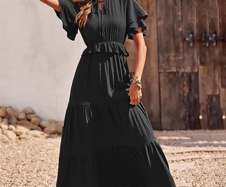 Prettygarden Womens Summer Boho Maxi Dress Short Sleeve V Neck Ruffle Trim  High Waisted Tiered Party Flowy Long Dresses 2023 (Black, Small) At Amazon  Women'S Clothing Store