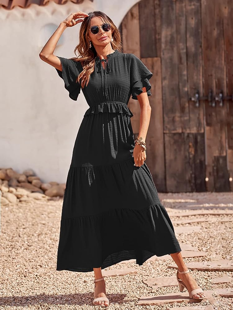 Prettygarden Womens Summer Boho Maxi Dress Short Sleeve V Neck Ruffle Trim  High Waisted Tiered Party Flowy Long Dresses 2023 (Black, Small) At Amazon  Women'S Clothing Store