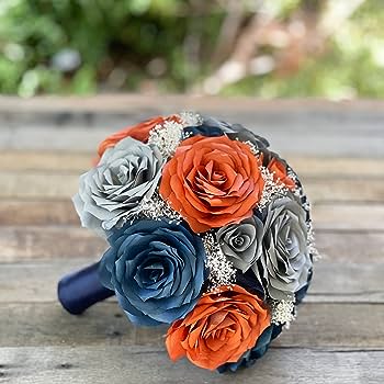 Amazon.Com: Bridal Bouquet In Burnt Orange Navy Blue And Shades Of Gray  Paper Roses : Handmade Products