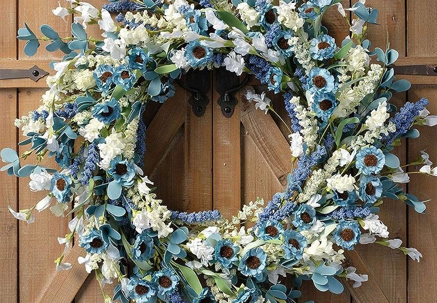 Amazon.Com: Bibelot 20 Inch Spring Wreath Blue With Green Leaves Daisy  Artificial Grains White Flower For Front Door Wreath,Farmhouse Decor  Indoor&Outdoor Wedding Wall Home : Home & Kitchen