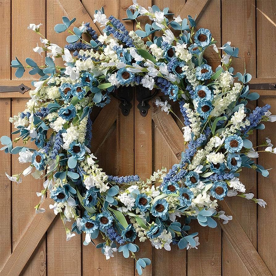 Amazon.Com: Bibelot 20 Inch Spring Wreath Blue With Green Leaves Daisy  Artificial Grains White Flower For Front Door Wreath,Farmhouse Decor  Indoor&Outdoor Wedding Wall Home : Home & Kitchen