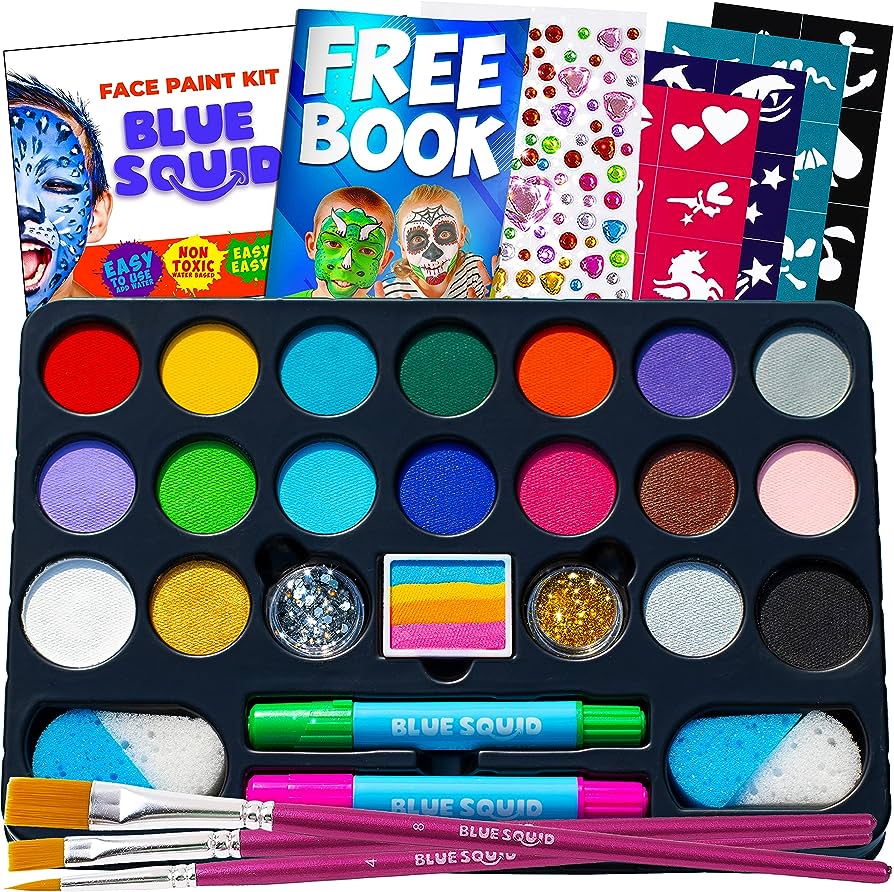 Amazon.Com: Blue Squid Face Painting Kit For Kids - 22 Color 160Pcs Kids Face  Paint Kit With Stencils & Book, Halloween Makeup Kit, Professional Face  Paint Kids Face Painting Kit Non Toxic