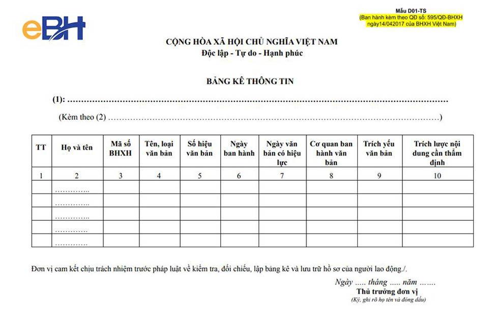 Cách Lập Bảng Kê Thông Tin Mẫu D01-Ts Theo Quyết Định 595