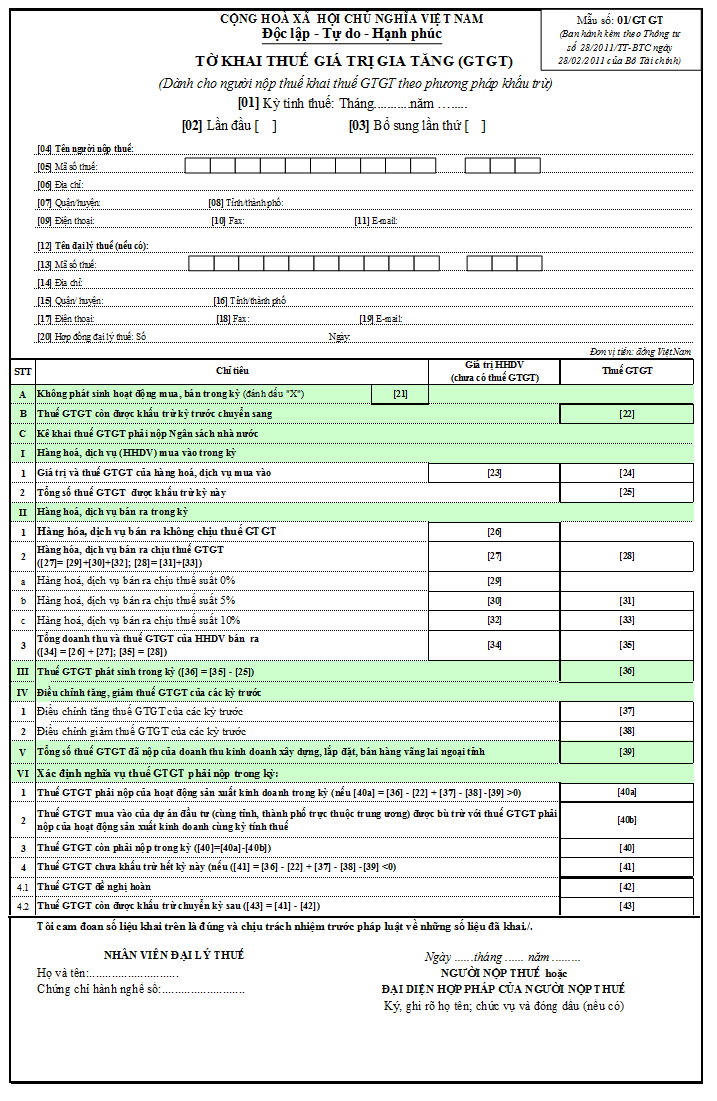 Mẫu Số 01/Gtgt : Tờ Khai Thuế Gtgt