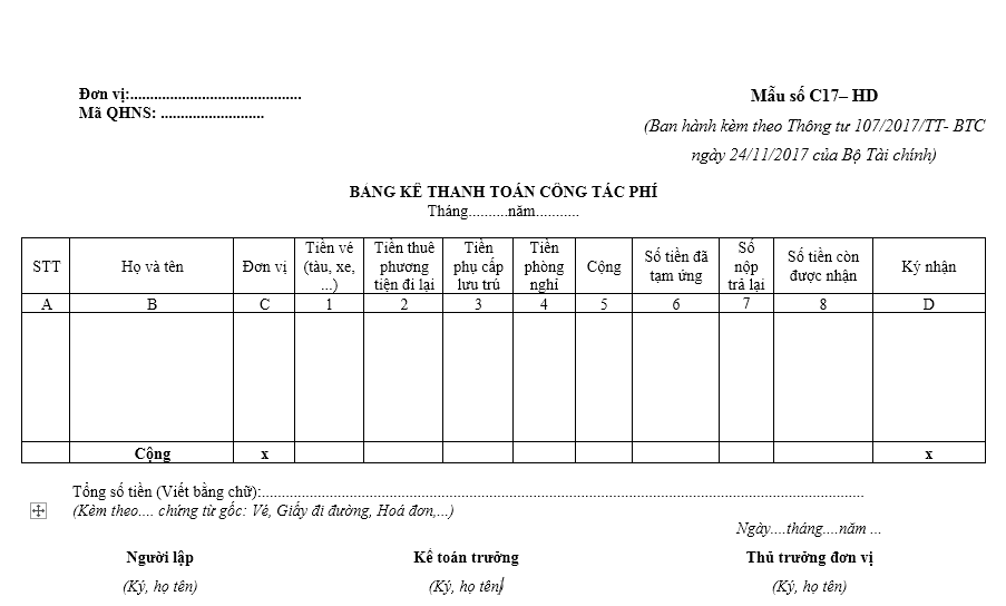 Mẫu Bảng Kê Thanh Toán Công Tác Phí Ban Hành Theo Thông Tư Số  107/2017/Tt-Btc Ngày 10/10/2017 Của Bộ Tài Chính