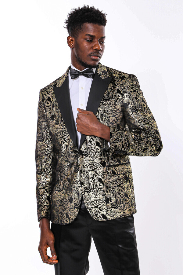 Gold Patterned Over Black Men Prom Blazer