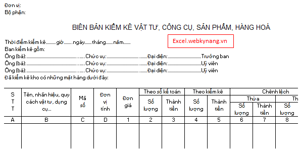 Mẫu Biên Bản Kiểm Kê Kho Vật Tư, Hàng Hóa Bằng Excel (Qđ 48) - Webkynang -  Học Excel Free